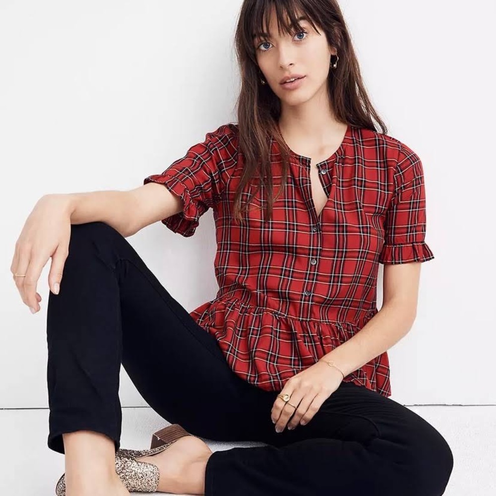 MADEWELL Studio Ruffle-Hem Top in Clanton Plaid